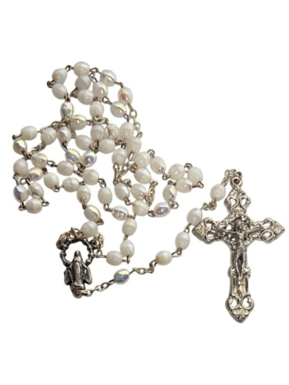 Vintage First Communion Rosary w/ Miraculous Medal Italy Glass Pearls 15.5" Box